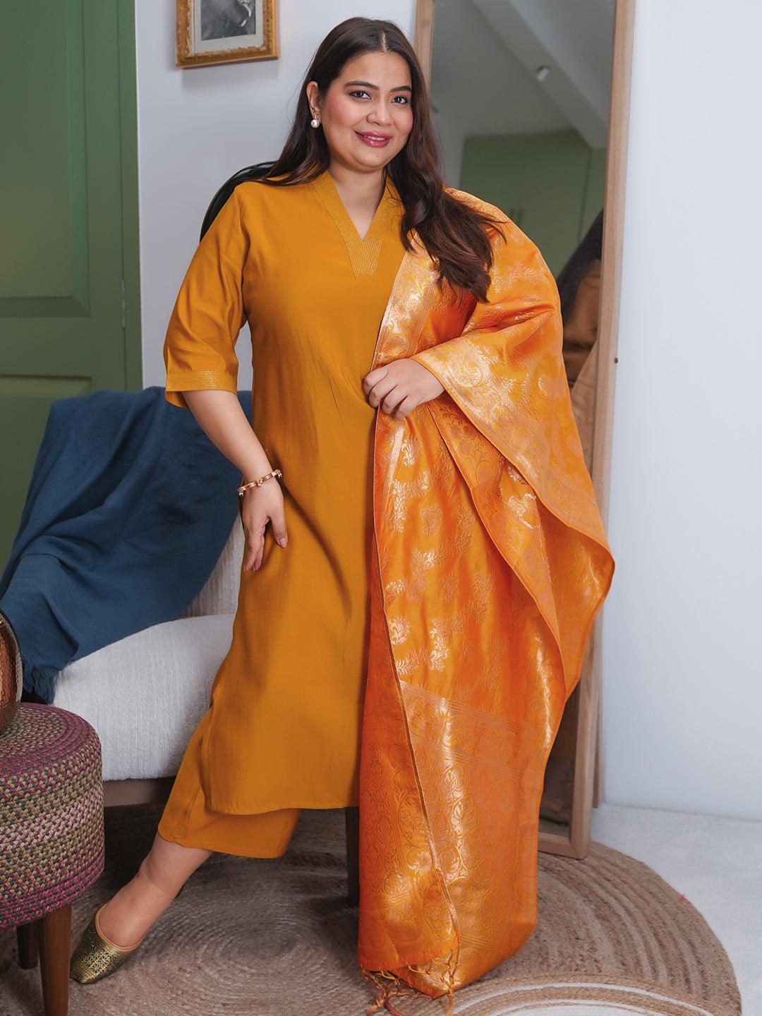 Plus Size Mustard Solid Silk Blend Straight Suit With Dupatta - Libas