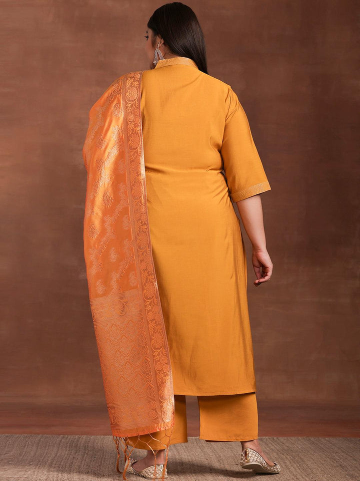 Plus Size Mustard Solid Silk Blend Straight Suit With Dupatta - Libas