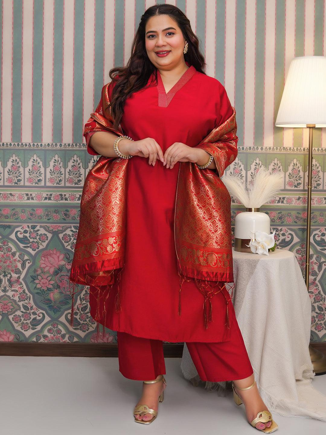 Plus Size Red Solid Silk Blend Straight Suit With Dupatta - Libas