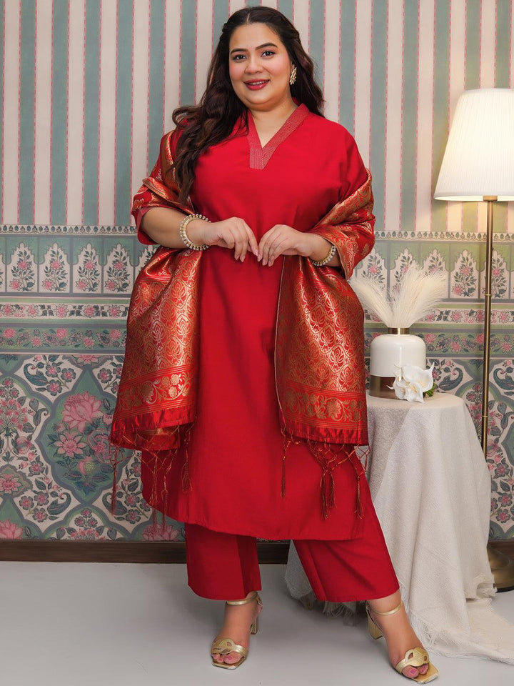 Buy Plus Size Red Solid Silk Blend Straight Suit With Dupatta Online at ...