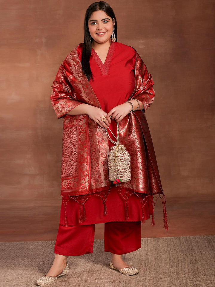 Plus Size Red Solid Silk Blend Straight Suit With Dupatta - Libas