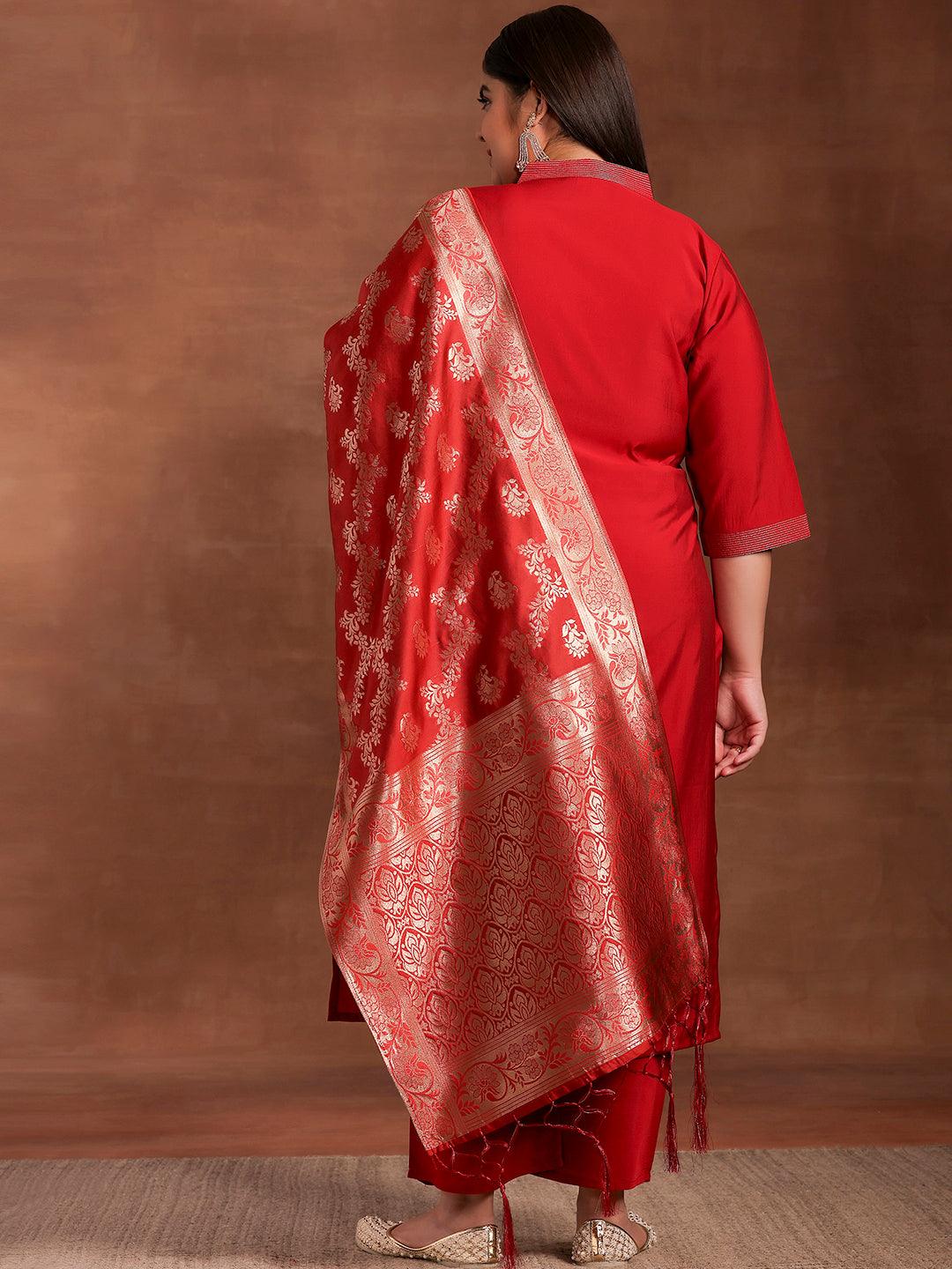 Plus Size Red Solid Silk Blend Straight Suit With Dupatta - Libas