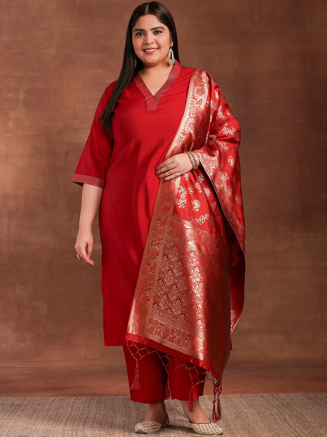 Plus Size Red Solid Silk Blend Straight Suit With Dupatta - Libas