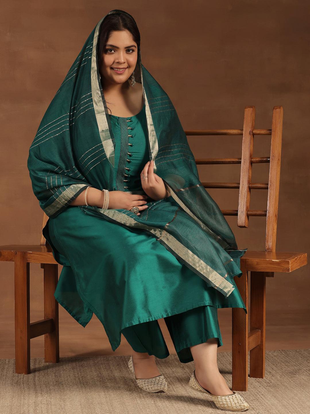 Plus Size Green Solid Silk Blend Straight Suit With Dupatta - Libas