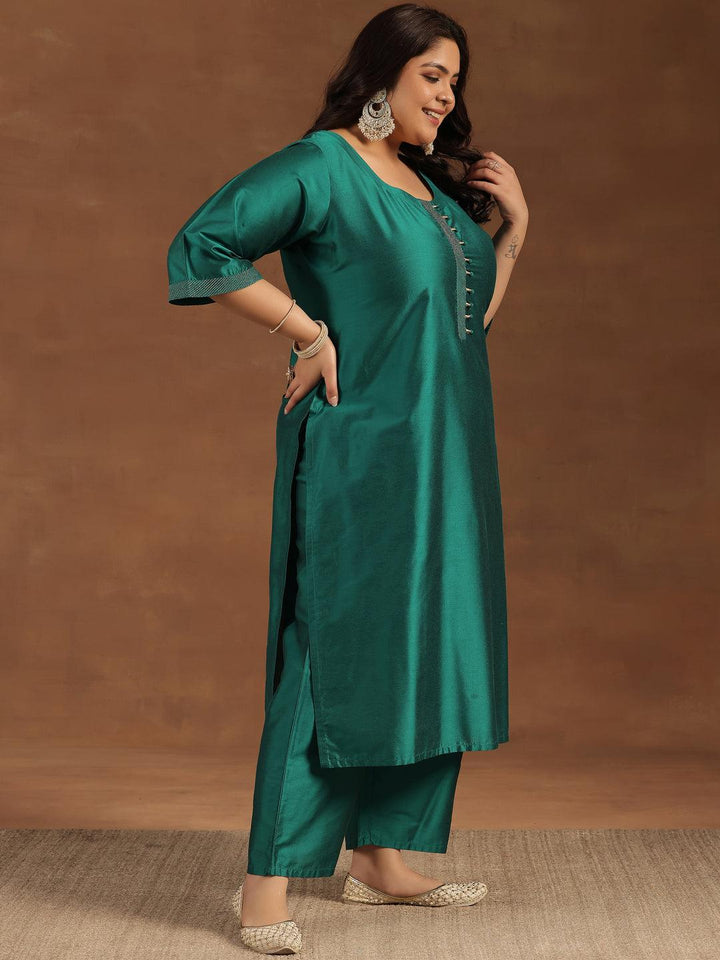 Plus Size Green Solid Silk Blend Straight Suit With Dupatta - Libas