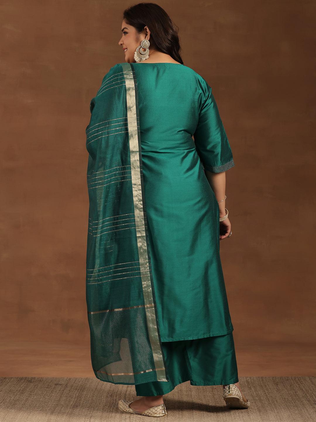 Plus Size Green Solid Silk Blend Straight Suit With Dupatta - Libas