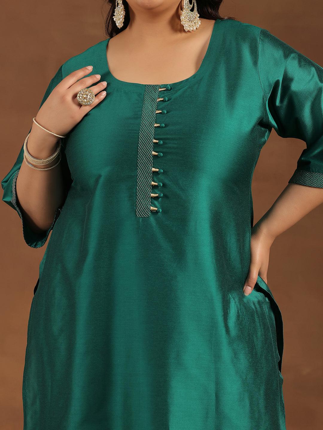 Plus Size Green Solid Silk Blend Straight Suit With Dupatta - Libas