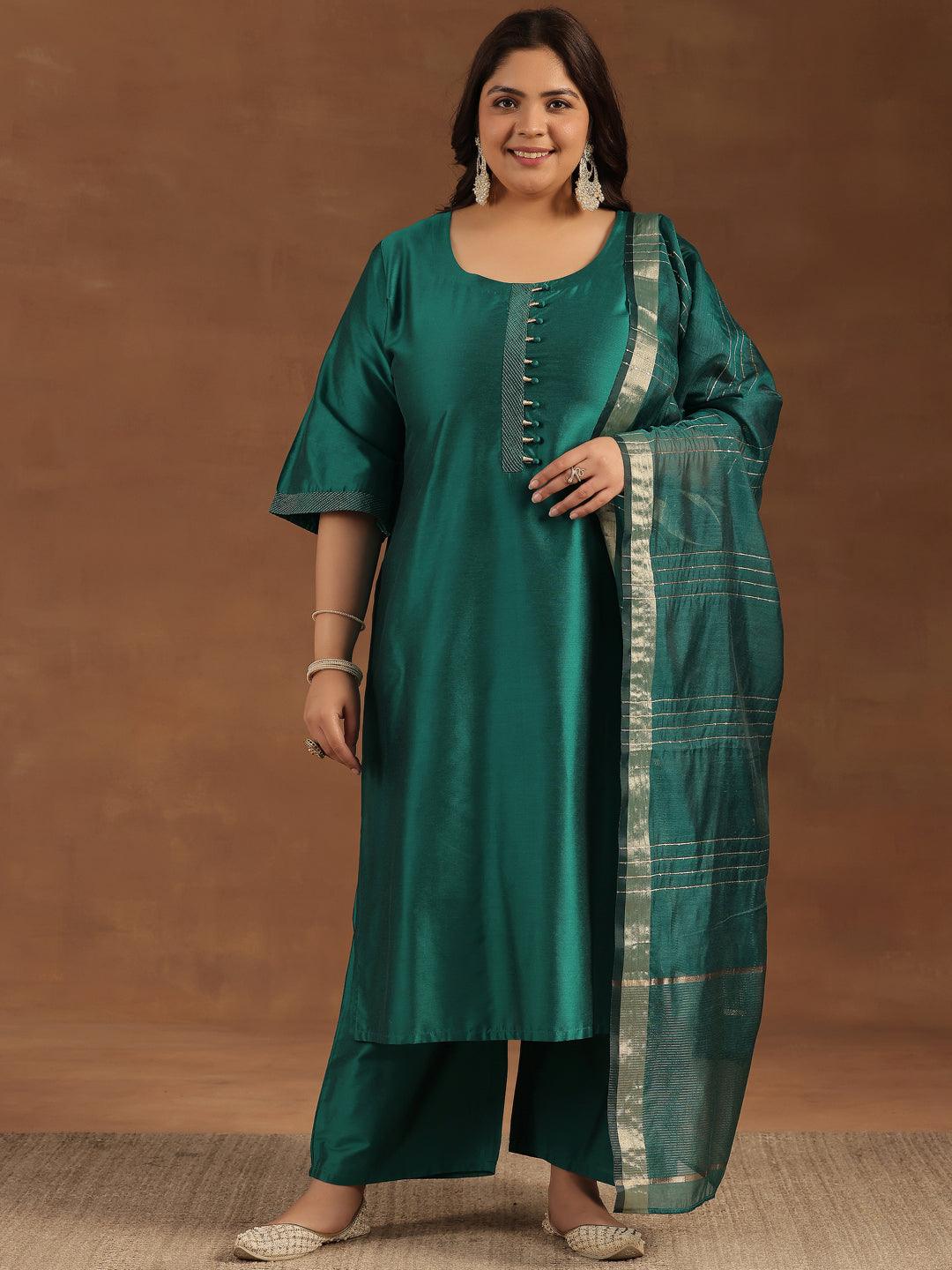 Plus Size Green Solid Silk Blend Straight Suit With Dupatta - Libas