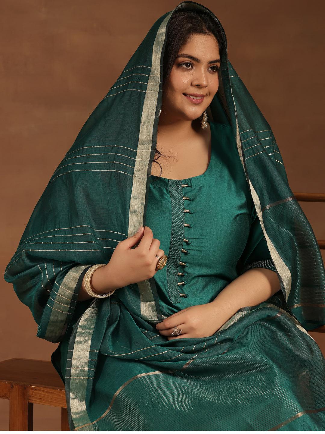 Plus Size Green Solid Silk Blend Straight Suit With Dupatta - Libas