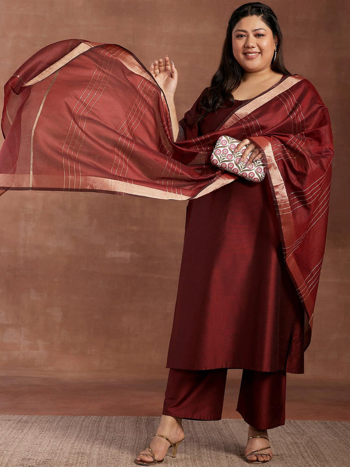 Plus Size Maroon Solid Silk Blend Straight Suit With Dupatta - Libas