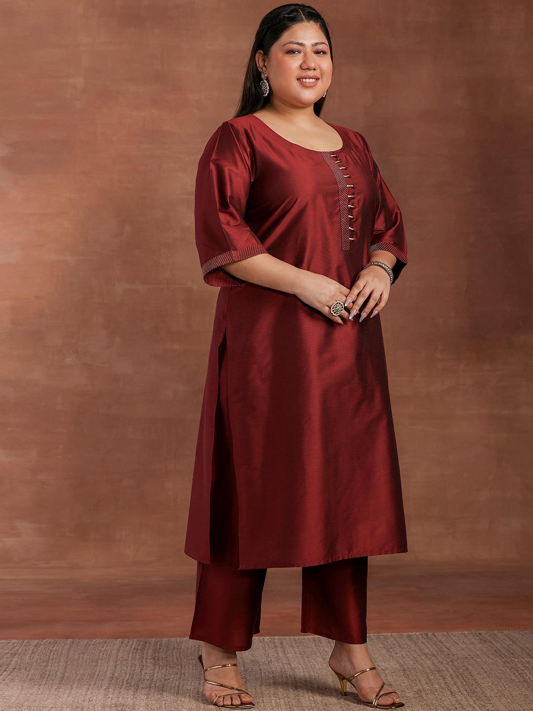 Plus Size Maroon Solid Silk Blend Straight Suit With Dupatta - Libas