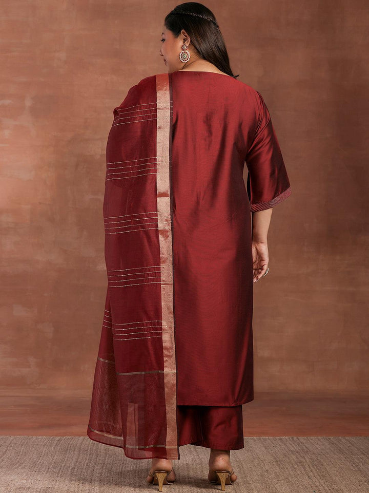 Plus Size Maroon Solid Silk Blend Straight Suit With Dupatta - Libas