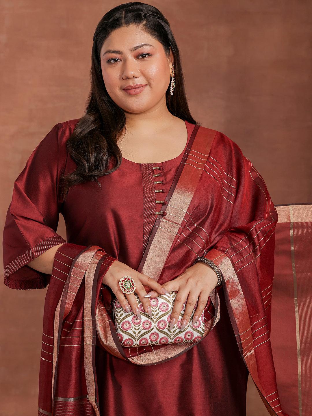 Plus Size Maroon Solid Silk Blend Straight Suit With Dupatta - Libas