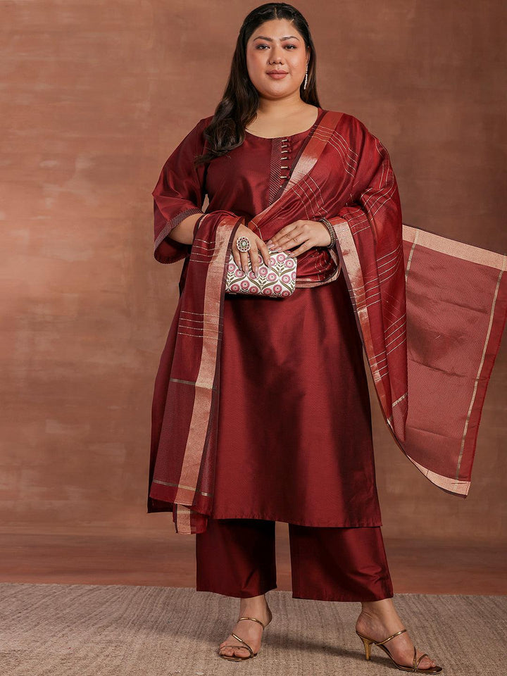 Plus Size Maroon Solid Silk Blend Straight Suit With Dupatta - Libas