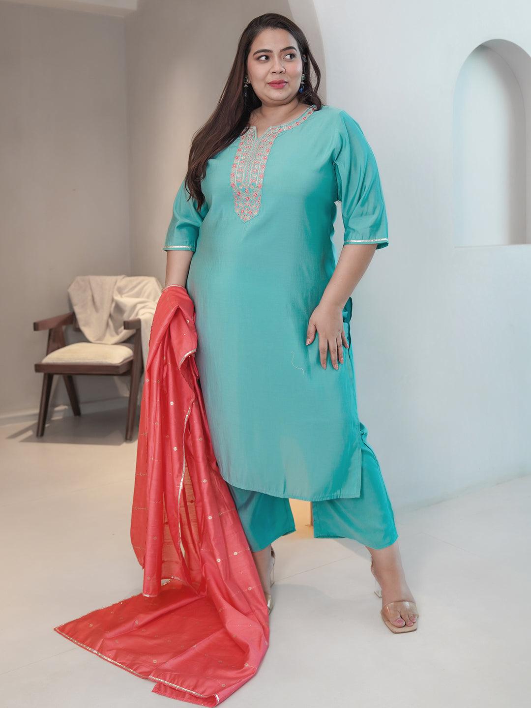 Plus Size Blue Yoke Design Silk Blend Straight Suit With Dupatta - Libas