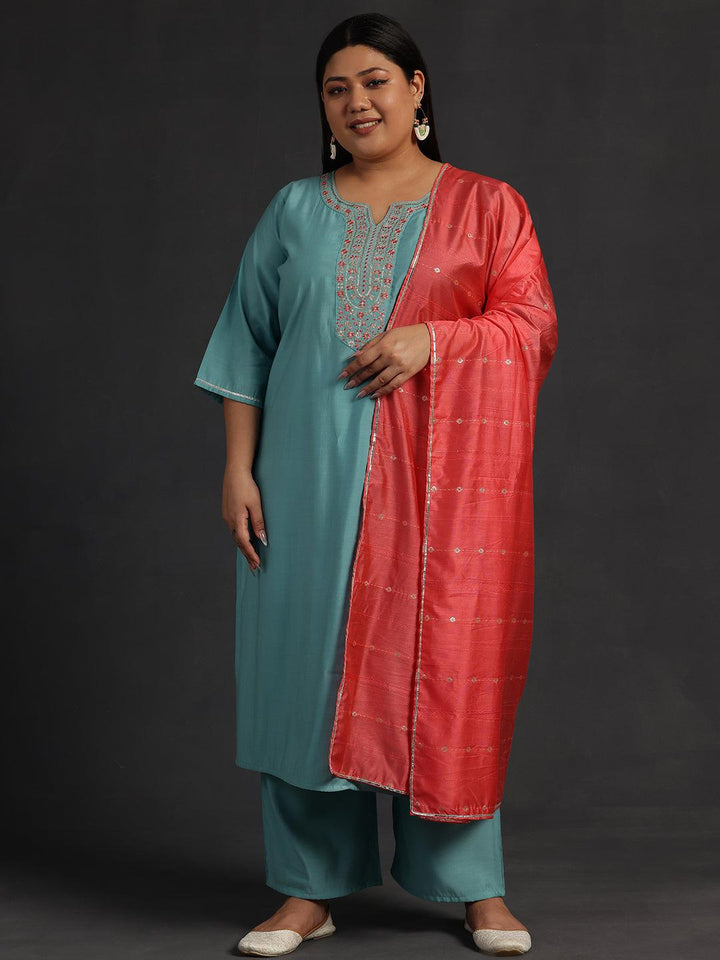 Plus Size Blue Yoke Design Silk Blend Straight Suit With Dupatta - Libas