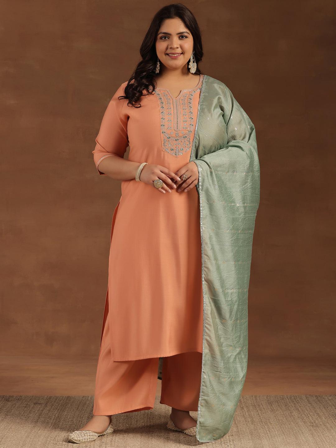 Plus Size Peach Yoke Design Silk Blend Straight Suit With Dupatta