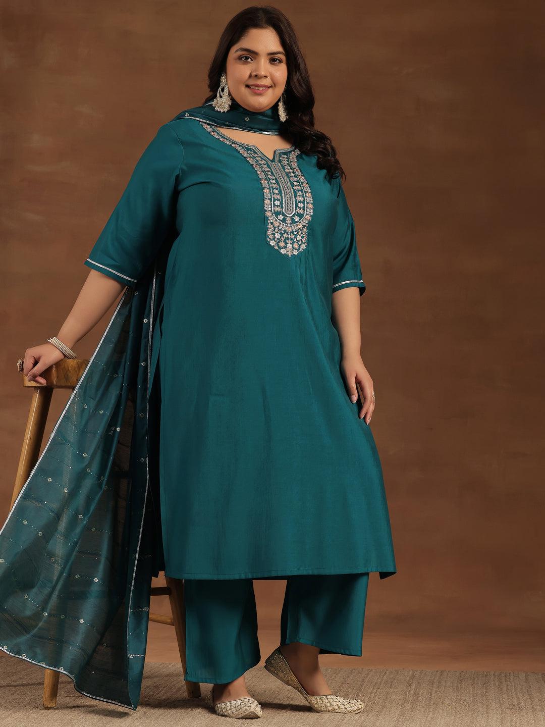 Plus Size Teal Yoke Design Silk Blend Straight Suit With Dupatta - Libas