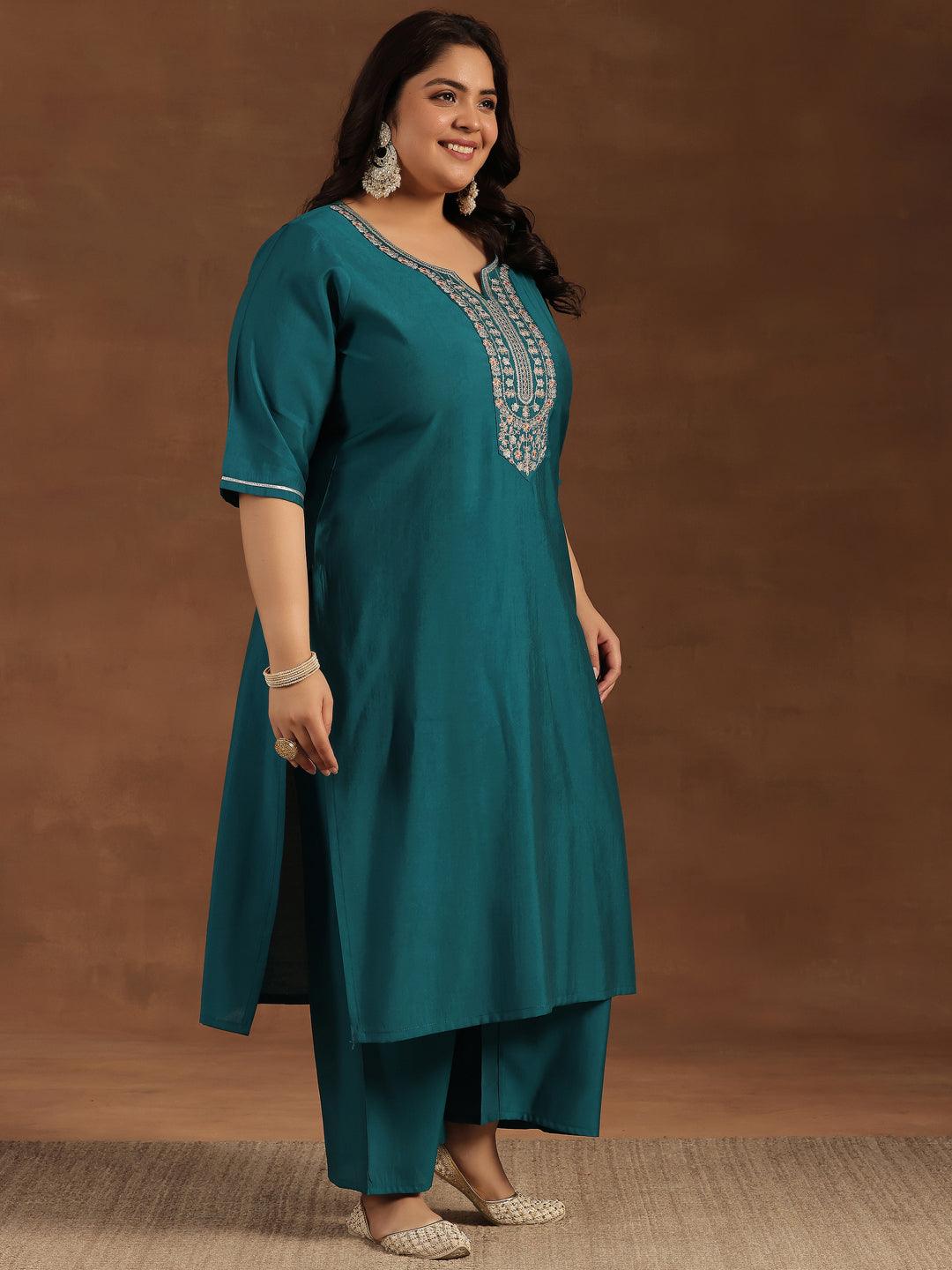 Plus Size Teal Yoke Design Silk Blend Straight Suit With Dupatta - Libas