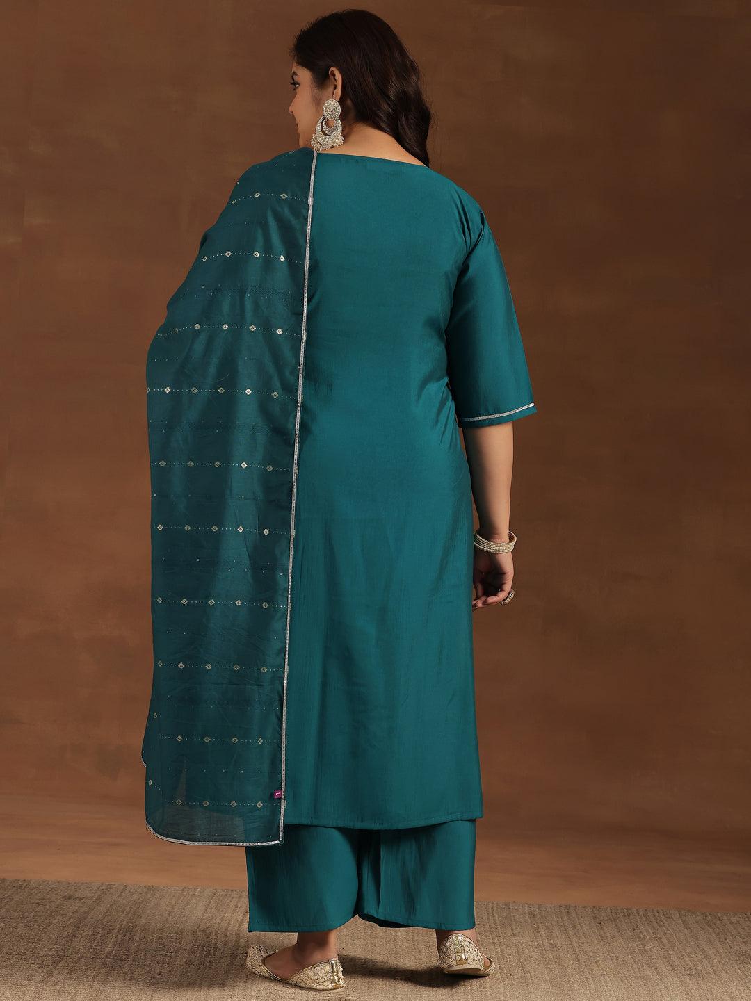 Plus Size Teal Yoke Design Silk Blend Straight Suit With Dupatta - Libas