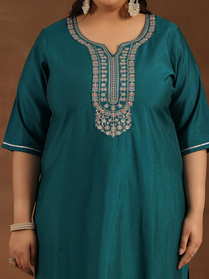 Plus Size Teal Yoke Design Silk Blend Straight Suit With Dupatta - Libas