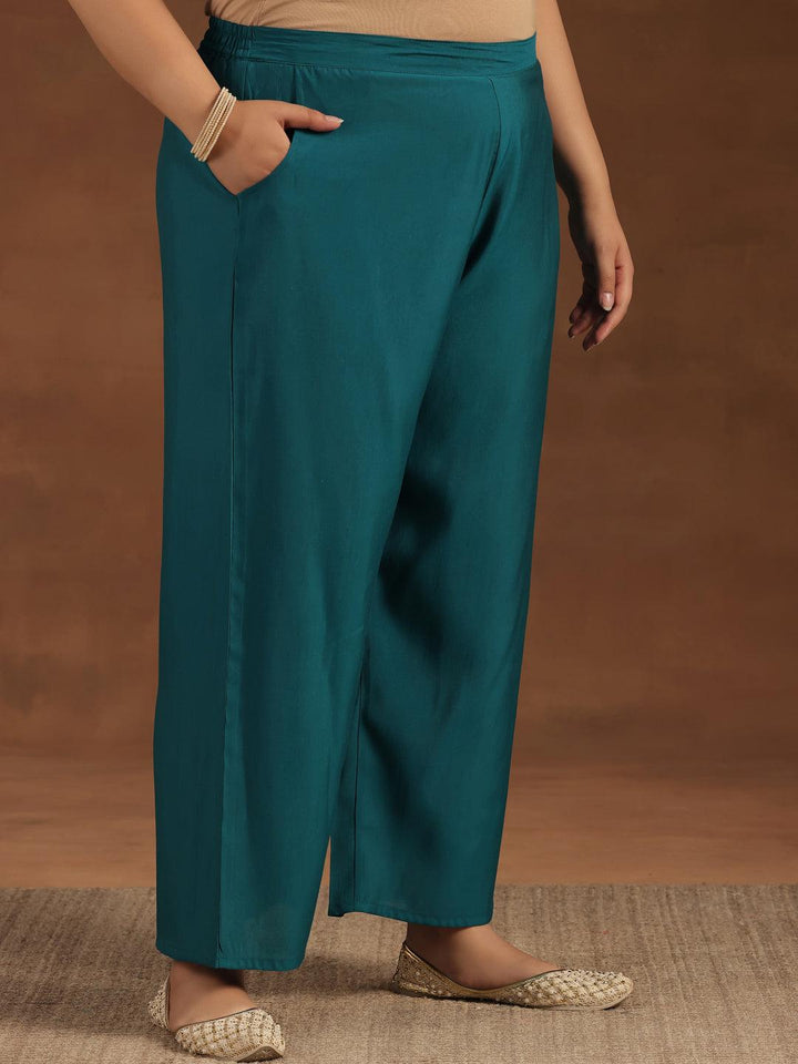 Plus Size Teal Yoke Design Silk Blend Straight Suit With Dupatta - Libas