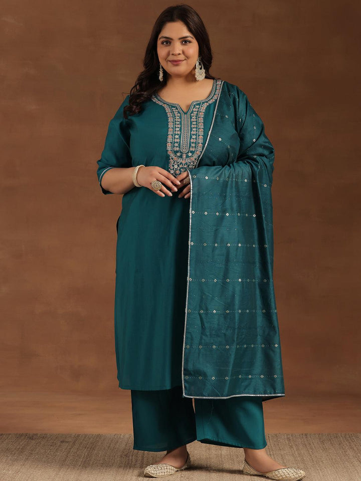 Plus Size Teal Yoke Design Silk Blend Straight Suit With Dupatta - Libas