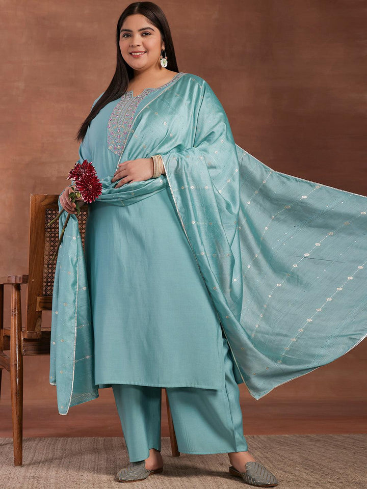 Plus Size Blue Yoke Design Silk Blend Straight Suit With Dupatta - Libas