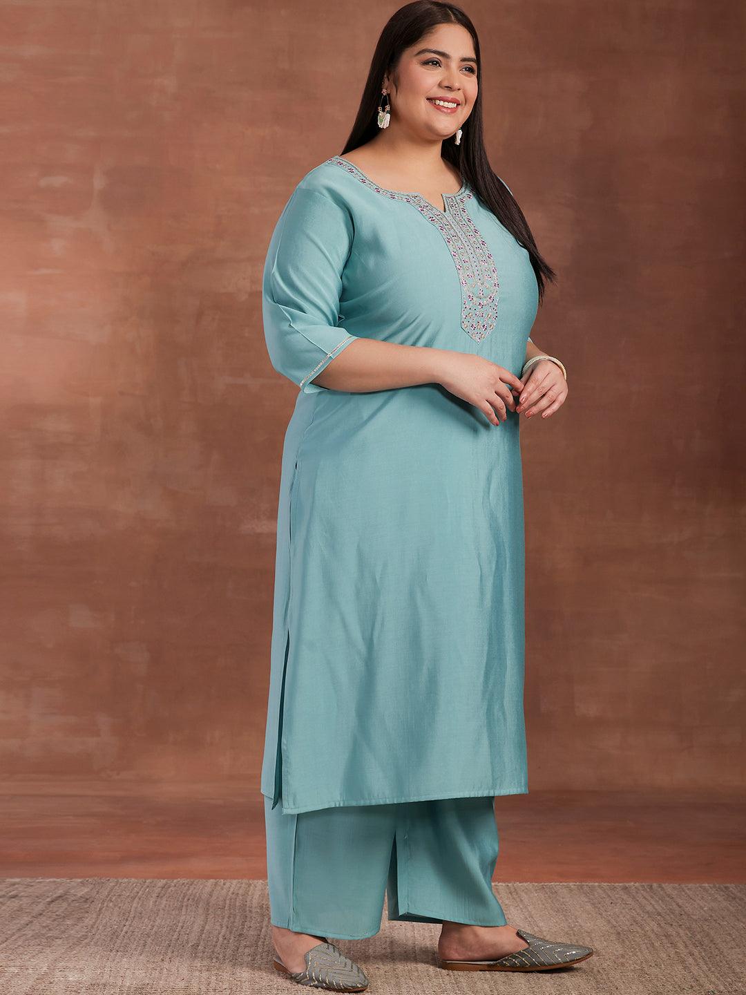 Plus Size Blue Yoke Design Silk Blend Straight Suit With Dupatta - Libas