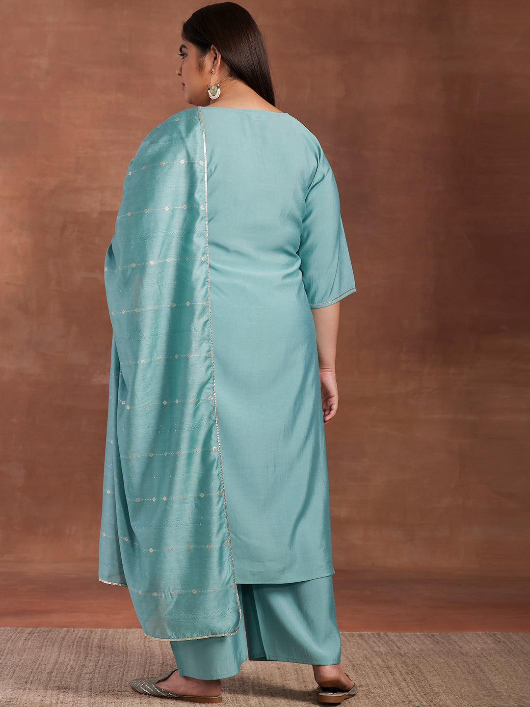 Plus Size Blue Yoke Design Silk Blend Straight Suit With Dupatta - Libas