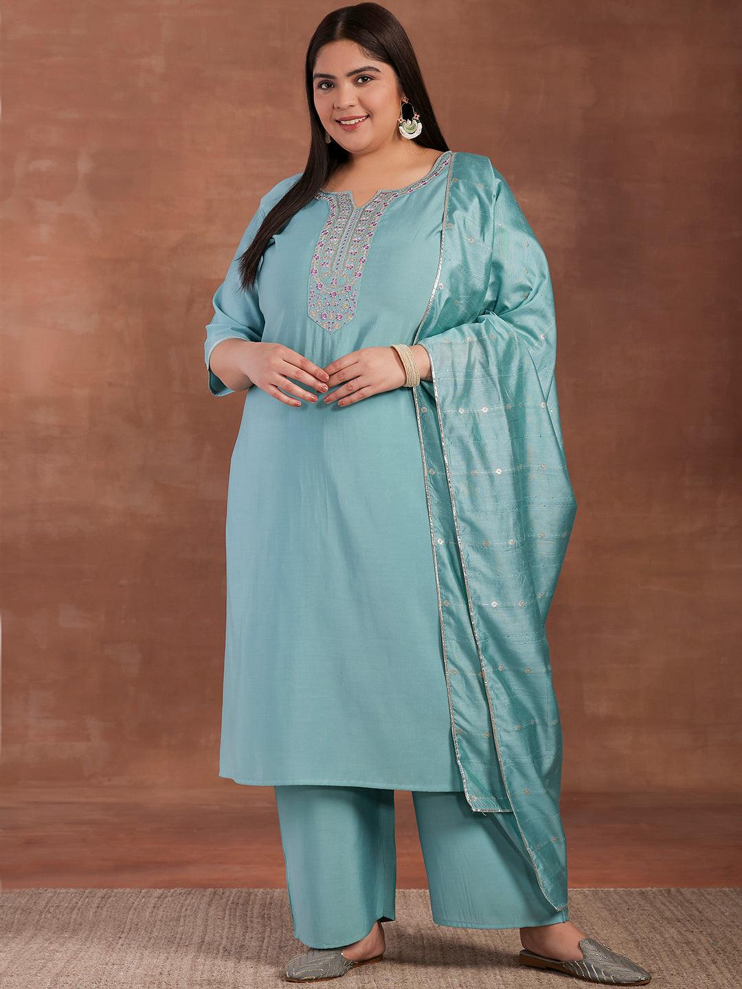 Plus Size Blue Yoke Design Silk Blend Straight Suit With Dupatta - Libas