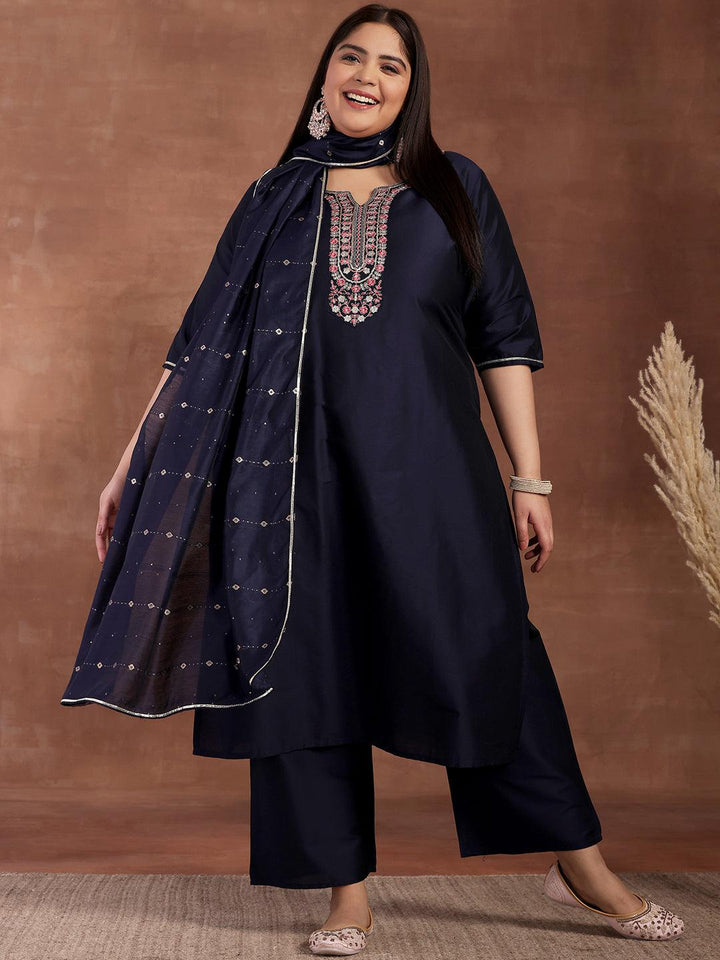 Plus Size Navy Blue Yoke Design Silk Blend Straight Suit With Dupatta - Libas