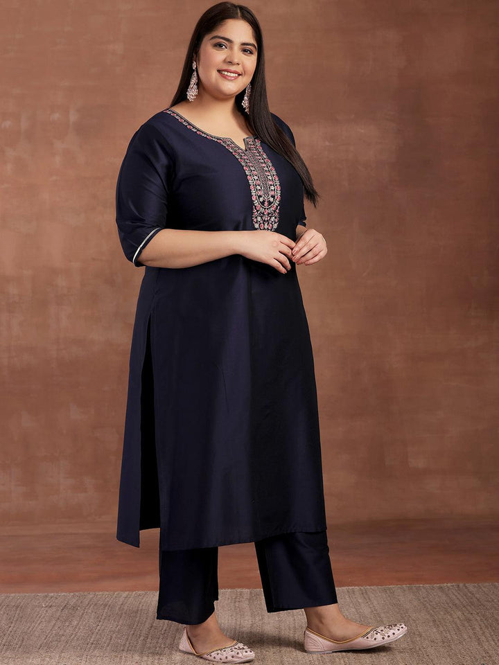 Plus Size Navy Blue Yoke Design Silk Blend Straight Suit With Dupatta - Libas