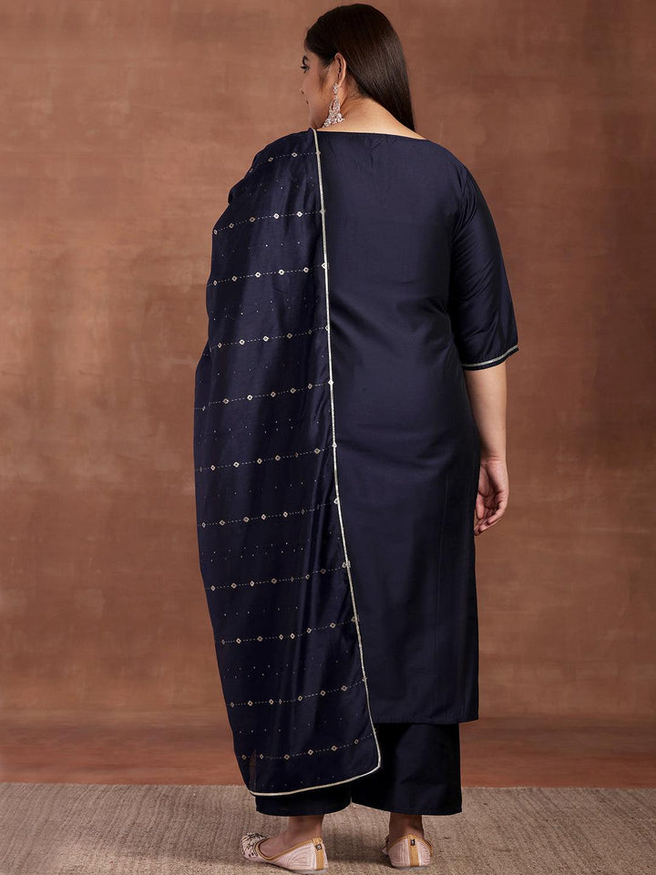 Plus Size Navy Blue Yoke Design Silk Blend Straight Suit With Dupatta - Libas