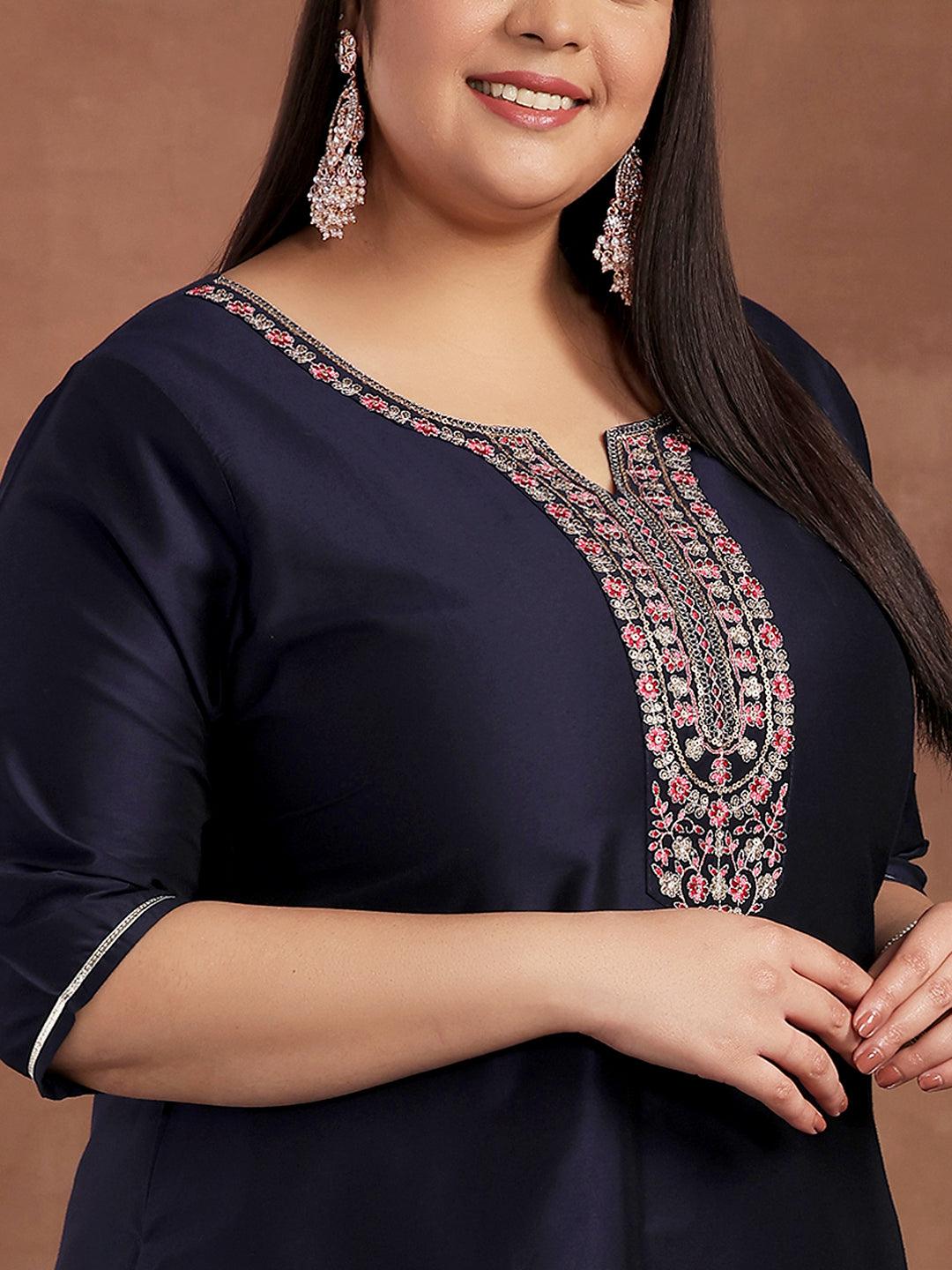 Plus Size Navy Blue Yoke Design Silk Blend Straight Suit With Dupatta - Libas