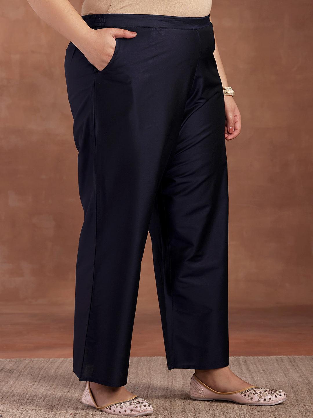 Buy Plus Size Navy Blue Yoke Design Silk Blend Straight Suit With ...