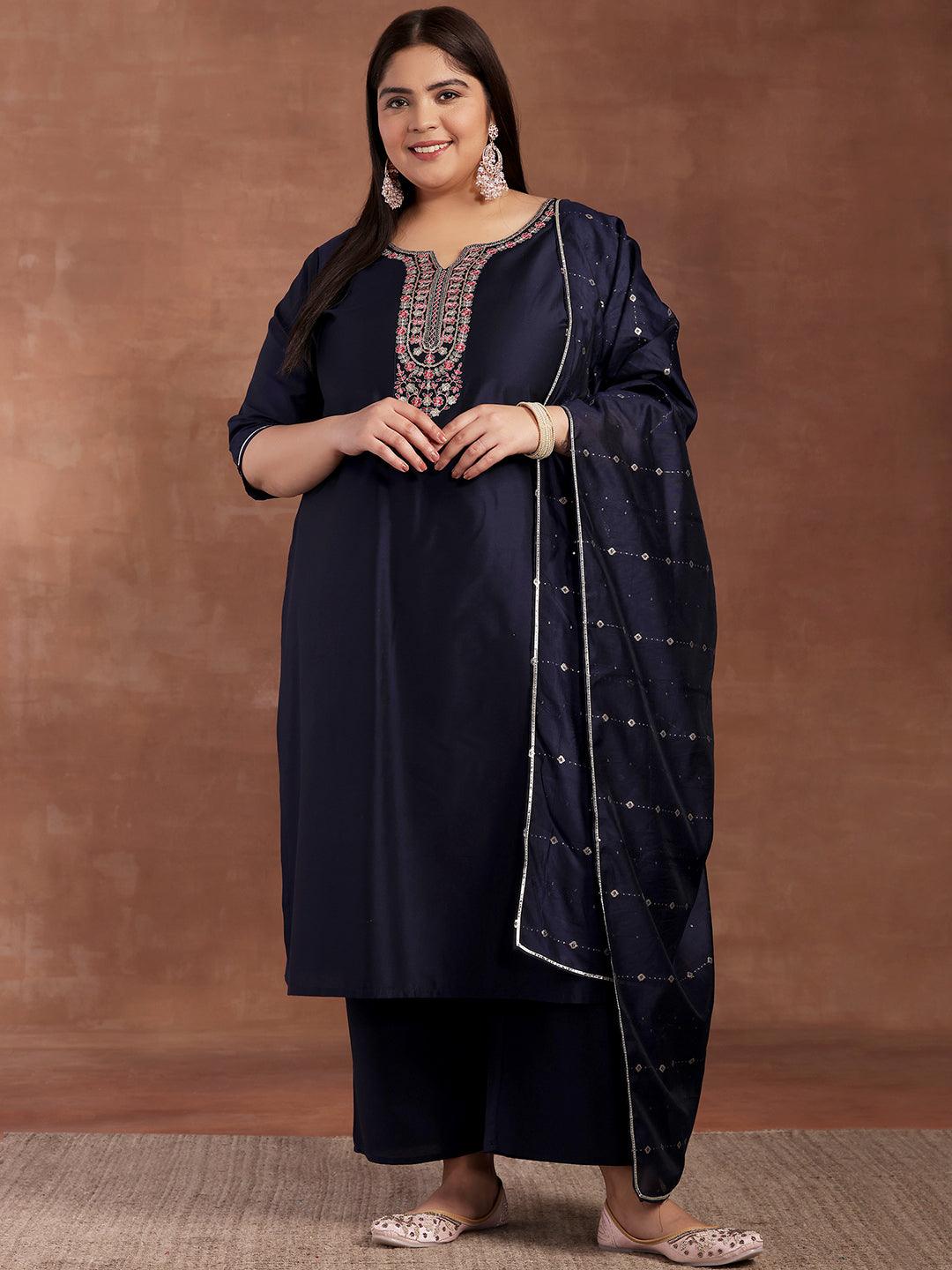 Plus Size Navy Blue Yoke Design Silk Blend Straight Suit With Dupatta - Libas