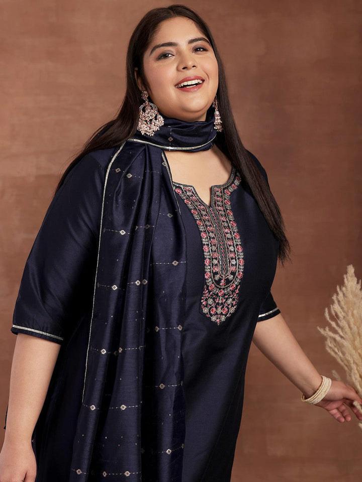 Plus Size Navy Blue Yoke Design Silk Blend Straight Suit With Dupatta - Libas