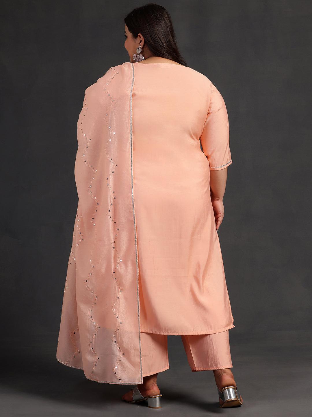 Plus Size Peach Yoke Design Silk Blend Straight Suit With Dupatta