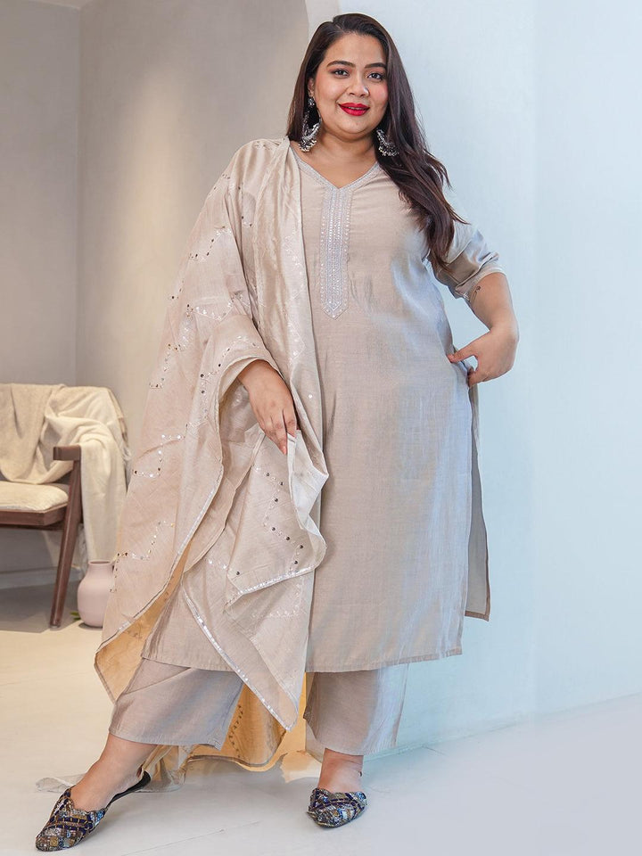 Plus Size Grey Yoke Design Silk Blend Straight Suit With Dupatta - Libas