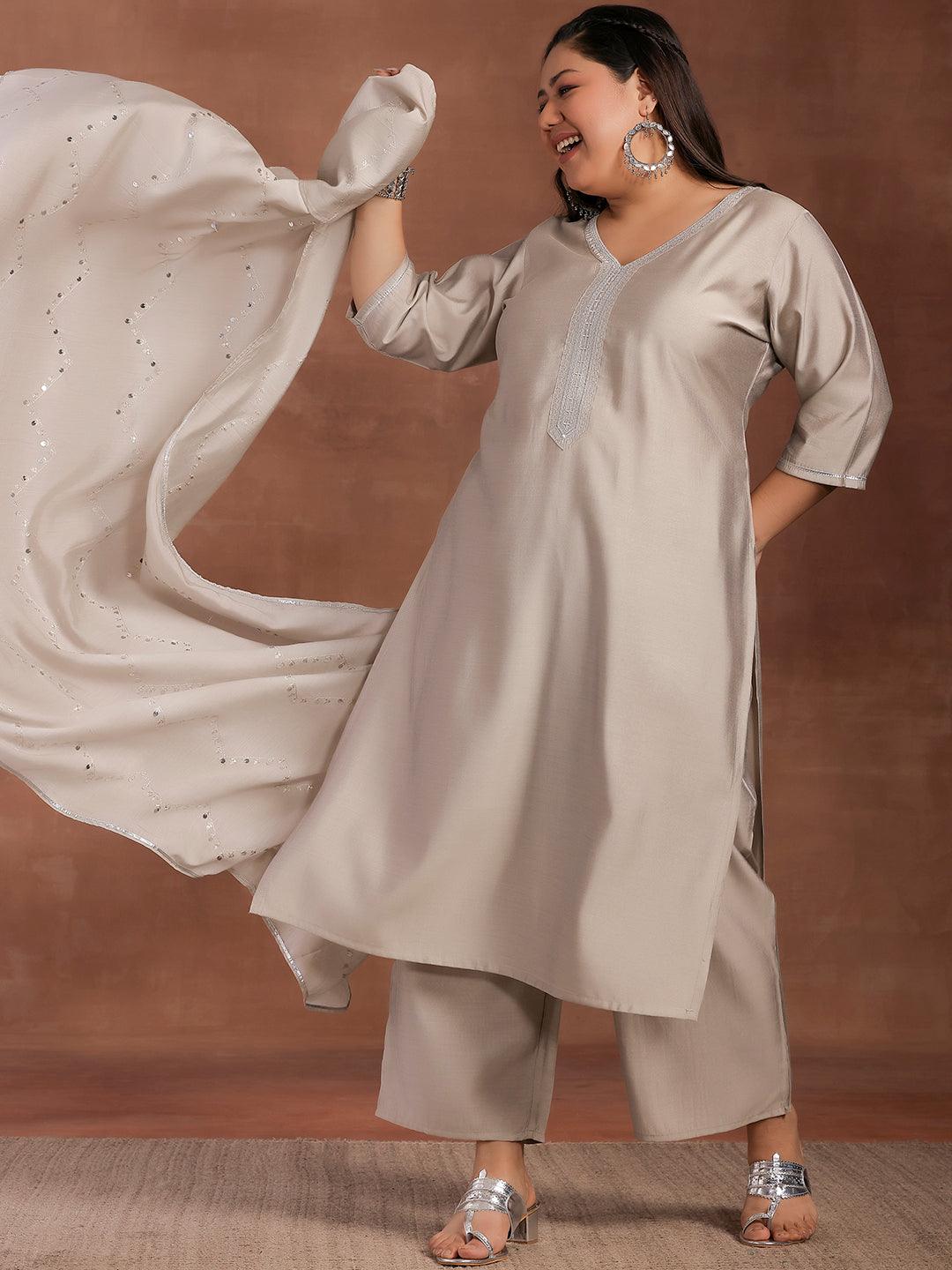 Plus Size Grey Yoke Design Silk Blend Straight Suit With Dupatta - Libas