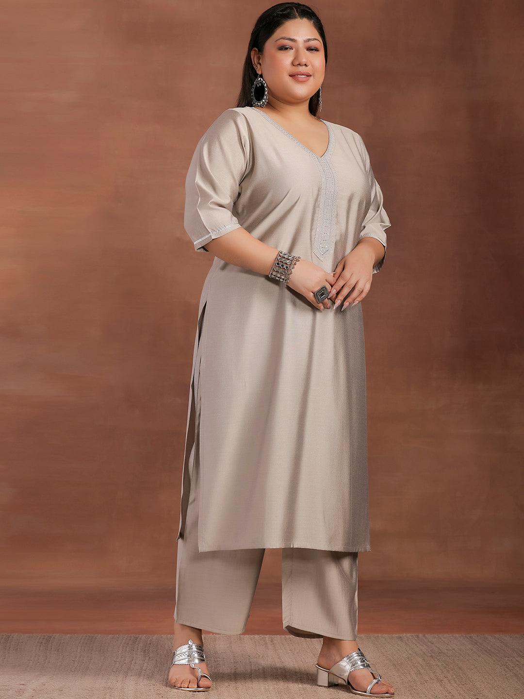 Plus Size Grey Yoke Design Silk Blend Straight Suit With Dupatta - Libas