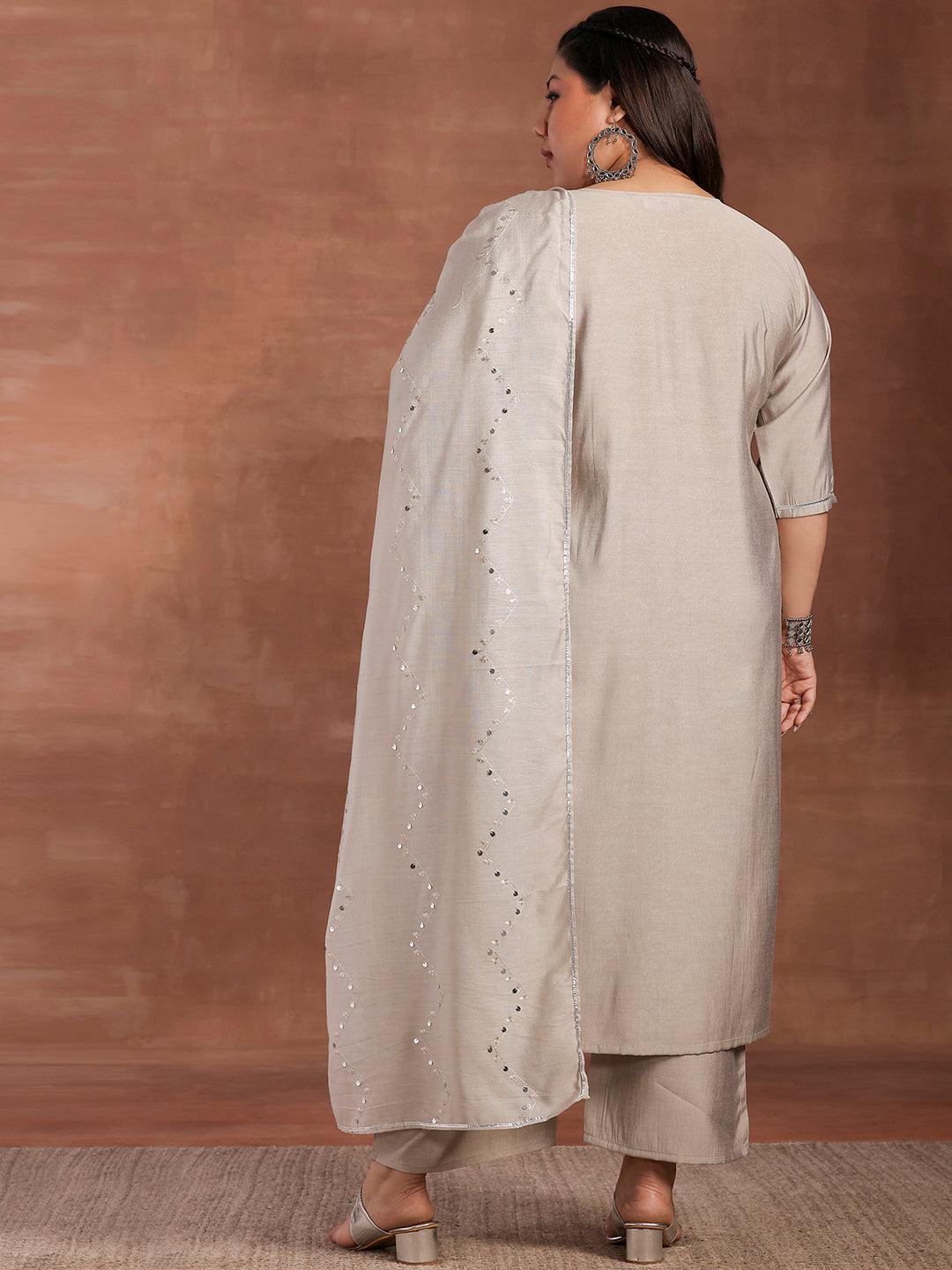 Plus Size Grey Yoke Design Silk Blend Straight Suit With Dupatta - Libas