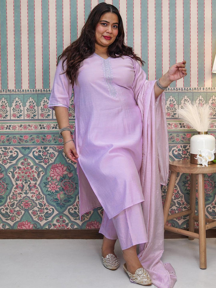 Plus Size Lavender Yoke Design Silk Blend Straight Suit With Dupatta - Libas