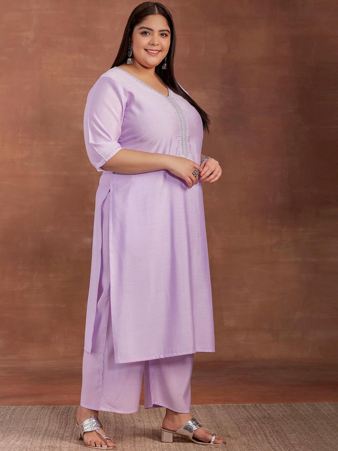 Plus Size Lavender Yoke Design Silk Blend Straight Suit With Dupatta - Libas