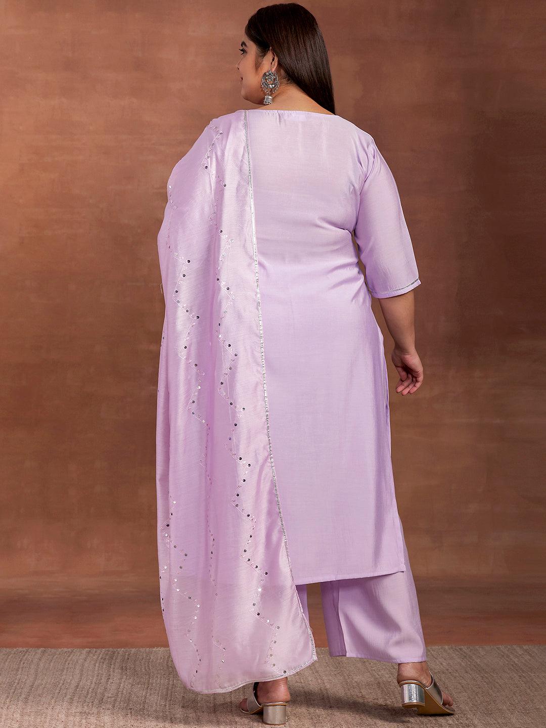 Plus Size Lavender Yoke Design Silk Blend Straight Suit With Dupatta - Libas