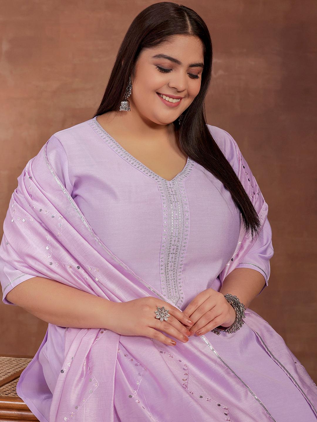 Plus Size Lavender Yoke Design Silk Blend Straight Suit With Dupatta - Libas