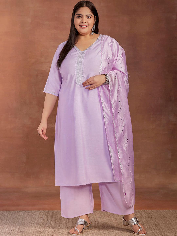 Plus Size Lavender Yoke Design Silk Blend Straight Suit With Dupatta - Libas