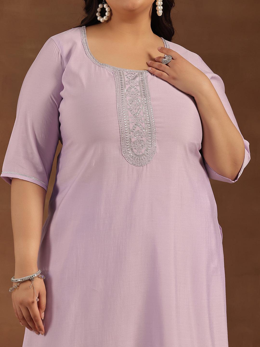 Plus Size Lavender Yoke Design Silk Blend Straight Suit With Dupatta - Libas