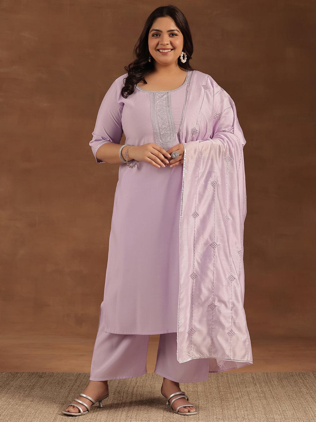 Plus Size Lavender Yoke Design Silk Blend Straight Suit With Dupatta - Libas